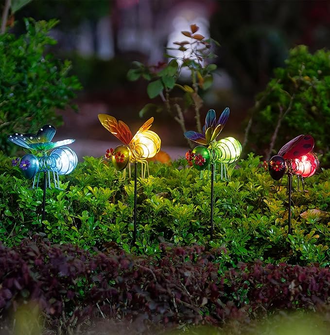 Insects Solar Garden Lights, 22.4" H Butterfly & Bee & Dragonfly & Ladybug Solar Stake Light, 4 Pcs Outdoor Statues Figurine Lights for Spring Garden Lawn Patio Yard Decoration-VerdiqueGarden