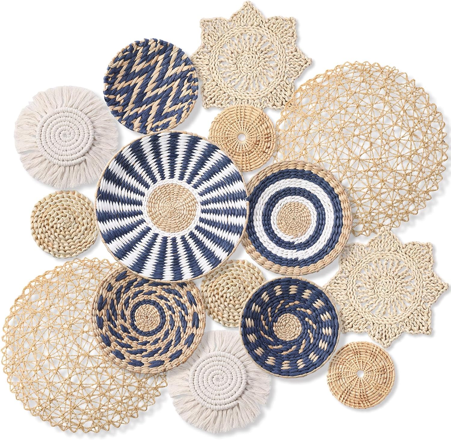 15 Pcs Boho Wall Basket Decor Woven Rattan Seagrass Wall Decor Hanging Rustic Farmhouse Western Art Decoration for Nursery Living Room Bedroom Home Kitchen(Blue Style)-VerdiqueGarden