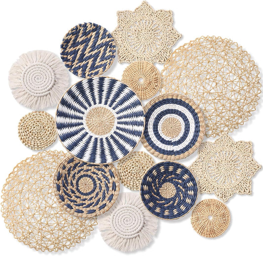 15 Pcs Boho Wall Basket Decor Woven Rattan Seagrass Wall Decor Hanging Rustic Farmhouse Western Art Decoration for Nursery Living Room Bedroom Home Kitchen(Blue Style)-VerdiqueGarden