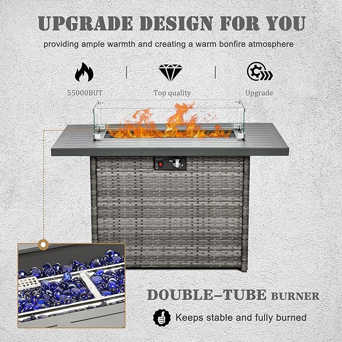 Propane Fire Pit Table,44 Inch 55000 BTU Outdoor Gas Fire Pit Rectangular with Glass Wind Guard for Outside Patio Deck (Gray-Aluminum Top)-VerdiqueGarden