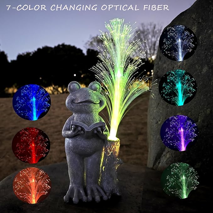 Frog Statue Solar Garden Decor,Resin Frog Statues and Colour Changing Optical Fiber Solar Lights,Outdoor Decoration for Balcony, Garden, Patio, Yard, Lawn,Gifts for Mom Grandma-VerdiqueGarden