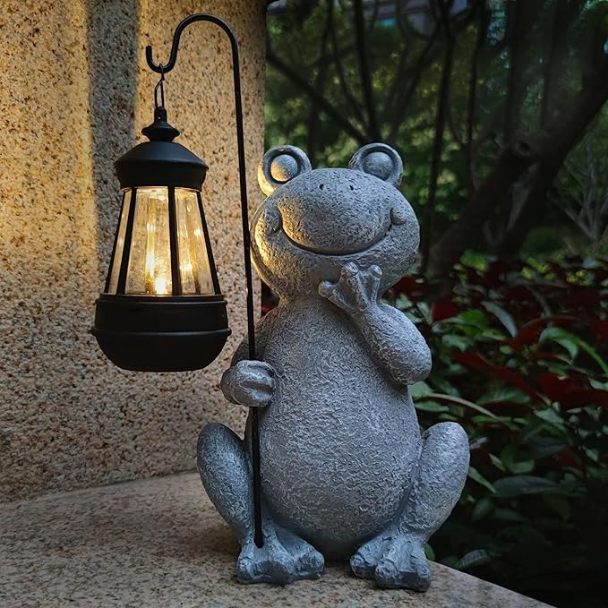 Frog Solar Garden Statues,Resin Frog Figurine Decorations with Solar Lights Lantern, Outdoor Frog Garden Decor Art for Lawn,Yard, Unique Housewarming Gift for Garden Home-VerdiqueGarden