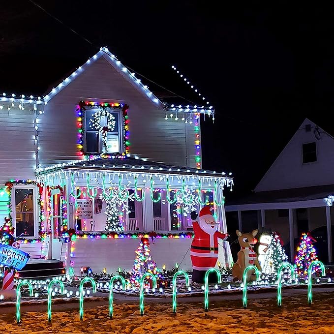 10" Christmas Candy Cane Lights - Set of 10 Pathway Markers Christmas Outdoor Yard Decorations, Green Xmas Candy Cane Stake Lights for Lawn, Walkway, Garden, Xmas Party Indoor Ornaments-VerdiqueGarden