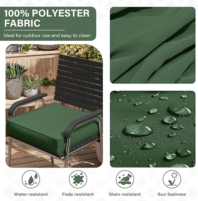 Patio Chair Cushions 24 X 24 X 5 Inch Waterproof Outdoor Seat Cushions for Patio Furniture, Outdoor Sofa Couch Pads with Ties & Handle, Set of 2, Green-VerdiqueGarden