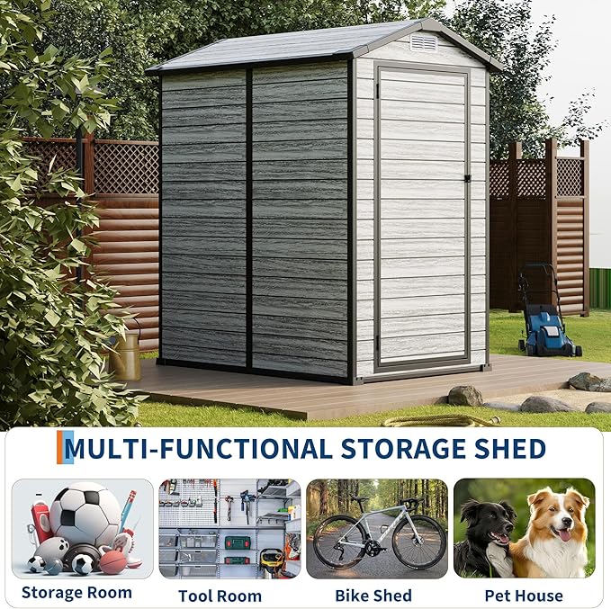All-Weather Plastic Shed with Window, Outdoor Resin Garden Shed with Lockable Door and Vents, Outdoor Resin Storage Sheds for Backyard, Patio, Lawn, Tool, Bike-VerdiqueGarden