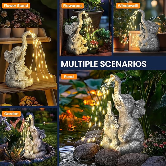 GIGALUMI Solar Garden Outdoor Statues for Women, Mom, Grandma. Elephant Figurine Housewarming and Birthday Gifts Outdoor Statue Light Decor Ornament for Backyard, Patio, Balcony, Lawn, Pond-VerdiqueGarden