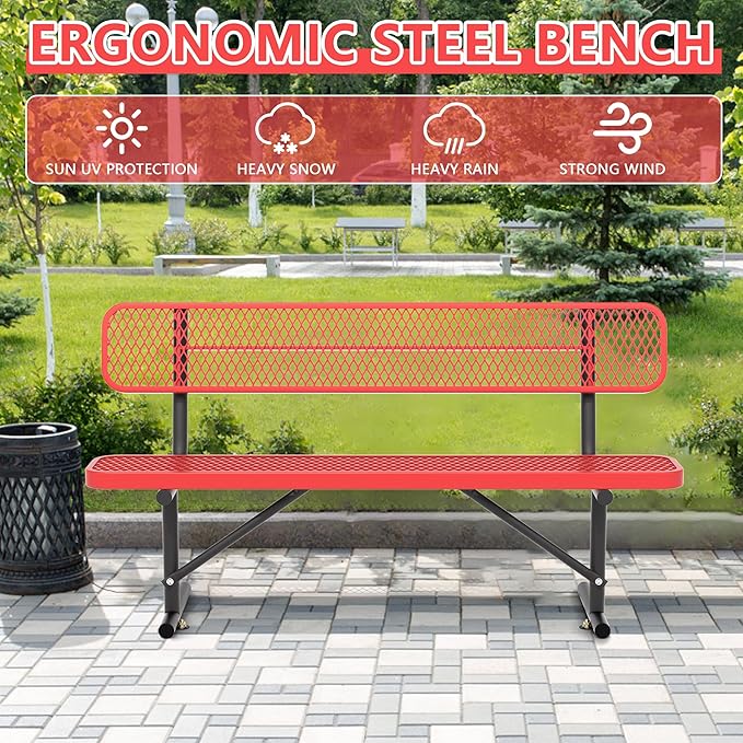 Heavy Duty Park Bench with Back Portable Frame, Outdoor Steel Bench with Backrest, Red Metal Bench Seat Expanded Metal Mesh Bench for Lawn, Park, Deck, Garden, Patio, Porch, Black (Red, 6FT)-VerdiqueGarden