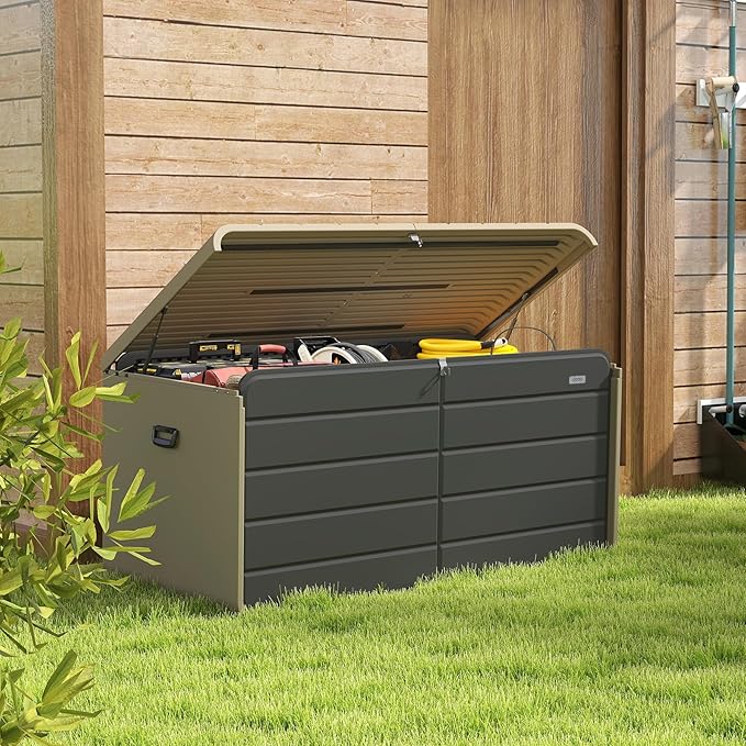 Domi 160 Gallon Resin Deck Box, Waterproof & UV-Resistant Outdoor Large Storage Box Lockable Storage Bin for Patio Cushions Pool Supplies Garden Tools and Delivery Storage-VerdiqueGarden