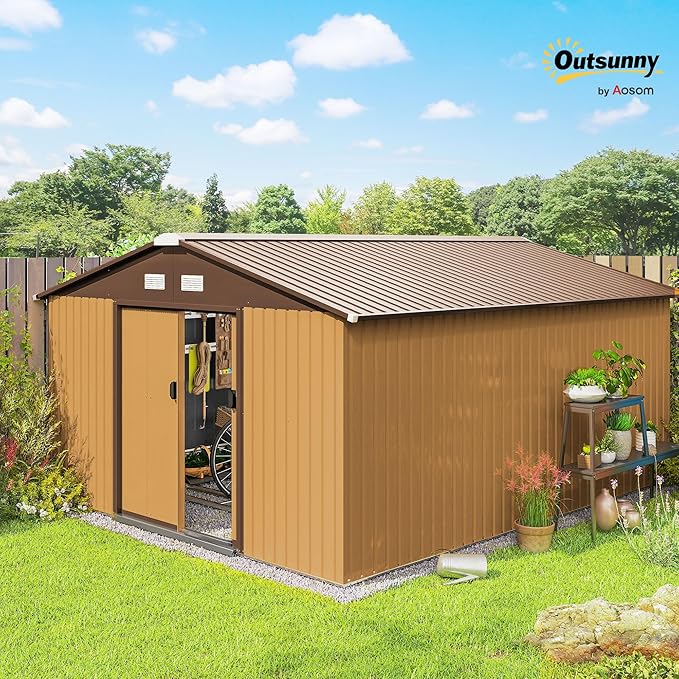 Outsunny 11' x 13' Outdoor Storage Shed, Garden Tool Metal Shed with Foundation Kit, Double Lockable Door, Air Vents and Sloping Roof, for Backyard, Patio, Lawn, Yellow-VerdiqueGarden