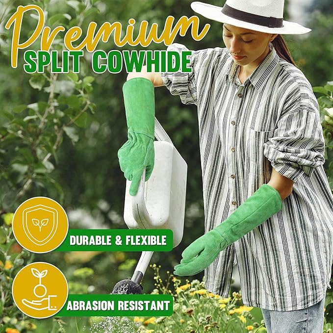 HANDLANDY Leather Gardening Gloves, Thorn Proof Long Gauntlet Heavy Duty Garden Gloves, Elbow Length Rose Pruning Weeding Yard Glove (X-Large, Green)-VerdiqueGarden