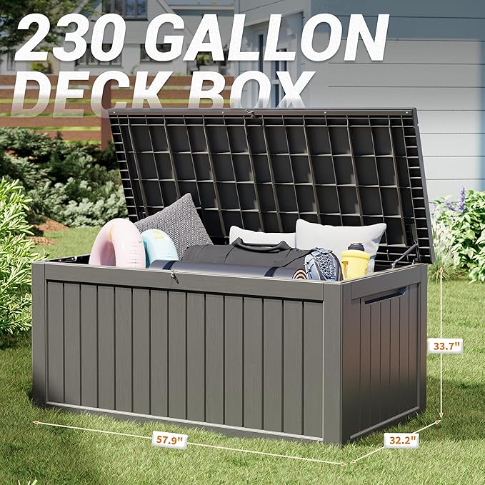 NUNU LAB 230 Gallon Large Resin Deck Box, Waterproof Outdoor Storage Box, Lockable Storage Bin for Patio Furniture, Garden Tools, Pool Accessories, UV-Resistant & All-Weather, Grey-VerdiqueGarden