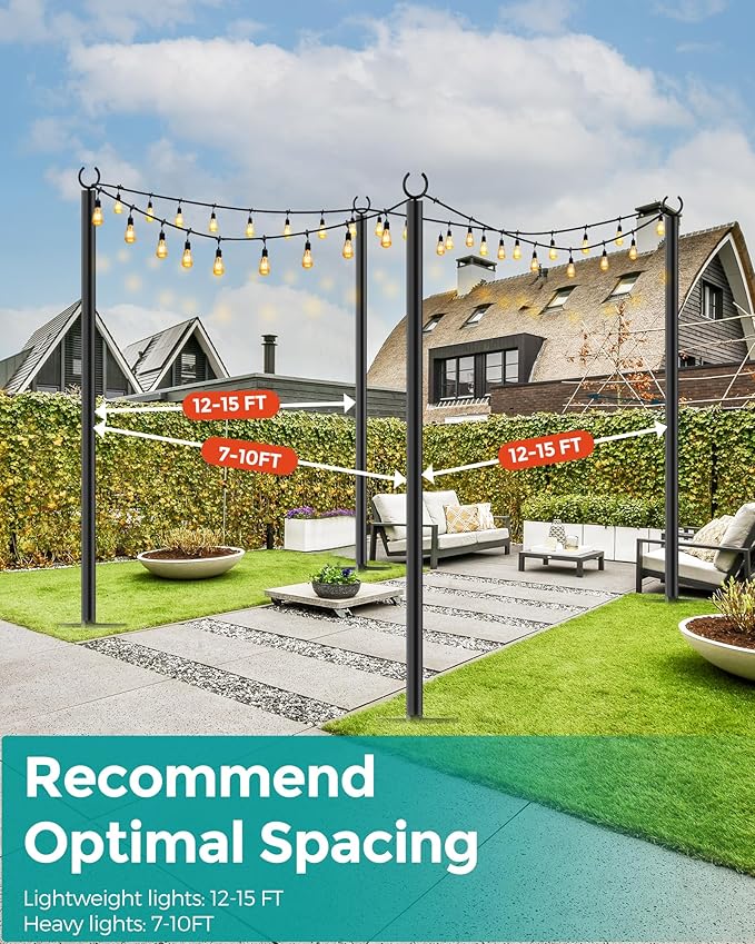 LAND·VOI 2 Pack String Light Poles, 9FT Heavy Duty Metal Light Poles for Outside String Lights, Outdoor Light Poles with 5 Prong Fork, Lighting Stand for Patio, Backyard, Garden, Deck, Black FLP12B-VerdiqueGarden