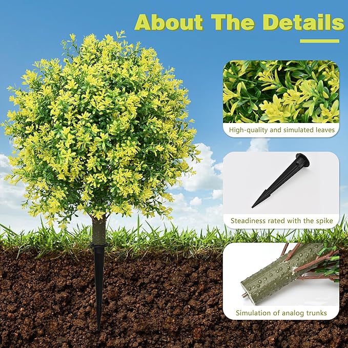 28" Artificial Boxwood Topiary Tree Yellow– UV Resistant Outdoor Faux Topiary Plant, Realistic Fake Topiary Bush for Porch, Patio, Front Door, Fake Evergreen Tree Home Decor-VerdiqueGarden