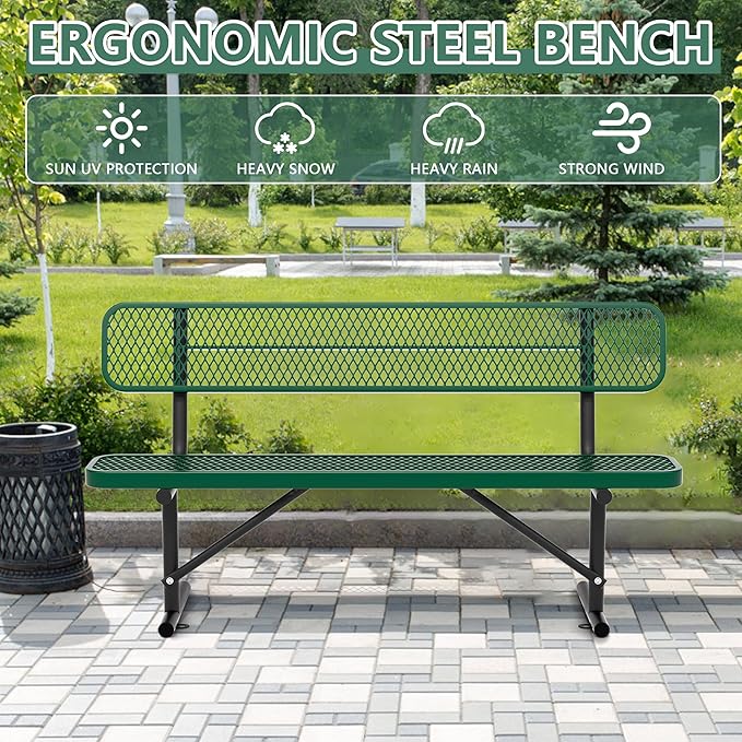 Heavy Duty Park Bench with Back Portable Frame, Outdoor Steel Bench with Backrest, Outdoor Park Bench Expanded Metal Mesh Bench for Lawn, Park, Deck, Garden, Patio, Porch, Black (Green, 6FT)-VerdiqueGarden