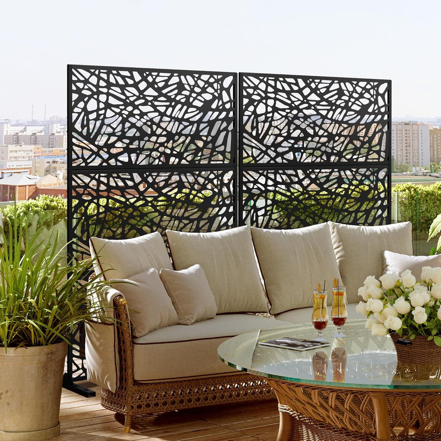 Metal Privacy Screen Outdoor 72" H×47" W,Freestanding Decorative Privacy Screen for Balcony Yard&Garden,Privacy Fence-Black&Net-VerdiqueGarden