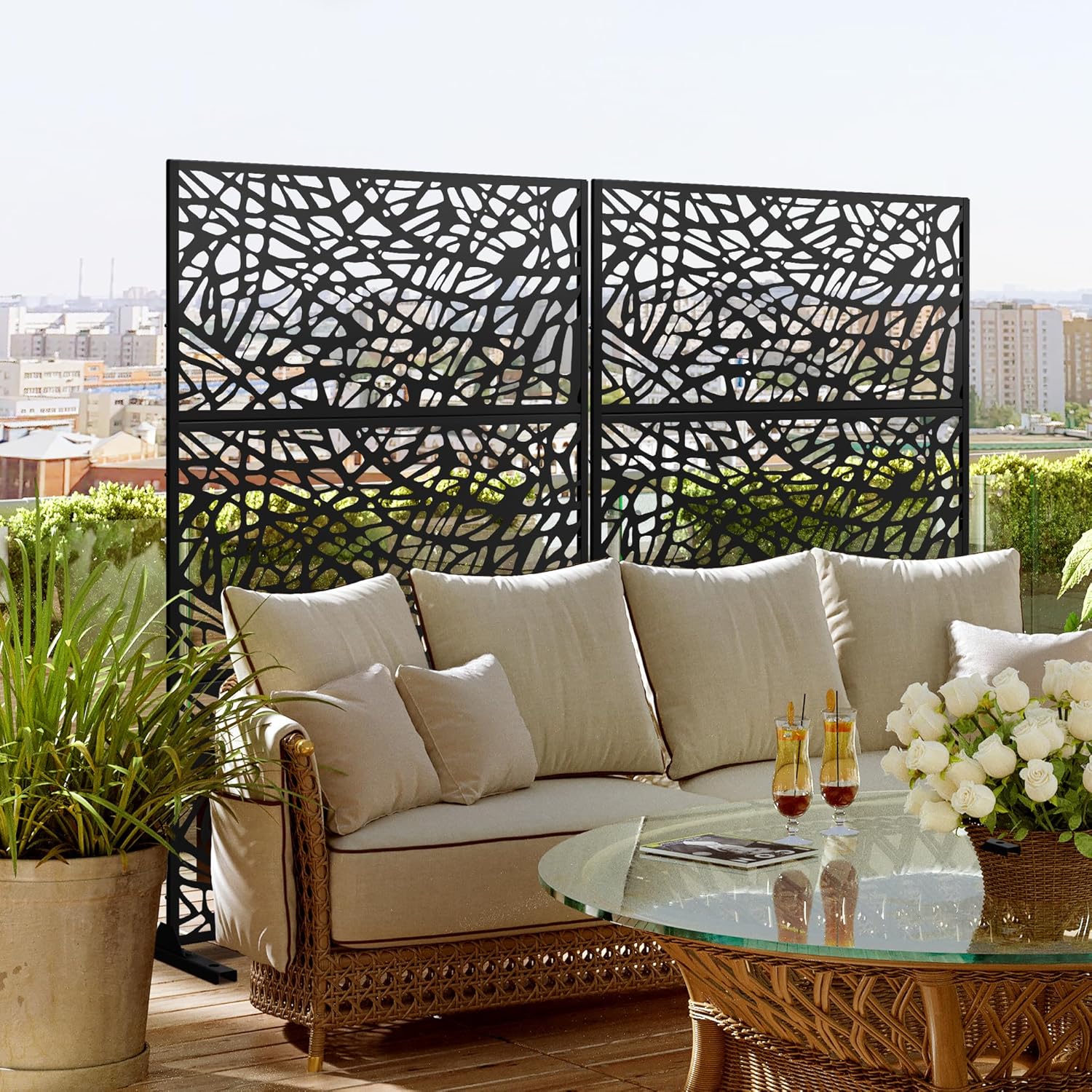 Metal Privacy Screen Outdoor 72" H×47" W,Freestanding Decorative Privacy Screen for Balcony Yard&Garden,Privacy Fence-Black&Net-VerdiqueGarden