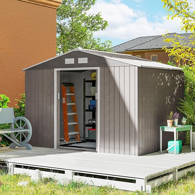 Outsunny 9' x 6' Outdoor Storage Shed, Garden Tool Metal Shed with Foundation Kit, Double Lockable Door, Air Vents and Sloping Roof, for Backyard, Patio, Lawn, Light Brown-VerdiqueGarden