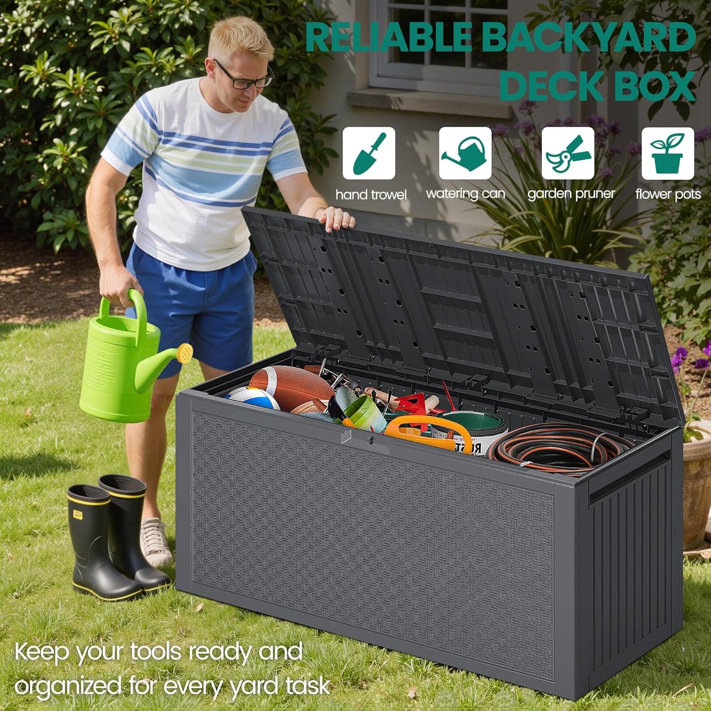 90 Gallon Outdoor Deck Box, Waterproof Outdoor Deck Box, Durable Resin Bin for Patio Cushions, Garden Tools and Pool Accessories, Lockable with UV Protection, Dark Gray, Patio Furniture (90 Gal Gray)-VerdiqueGarden