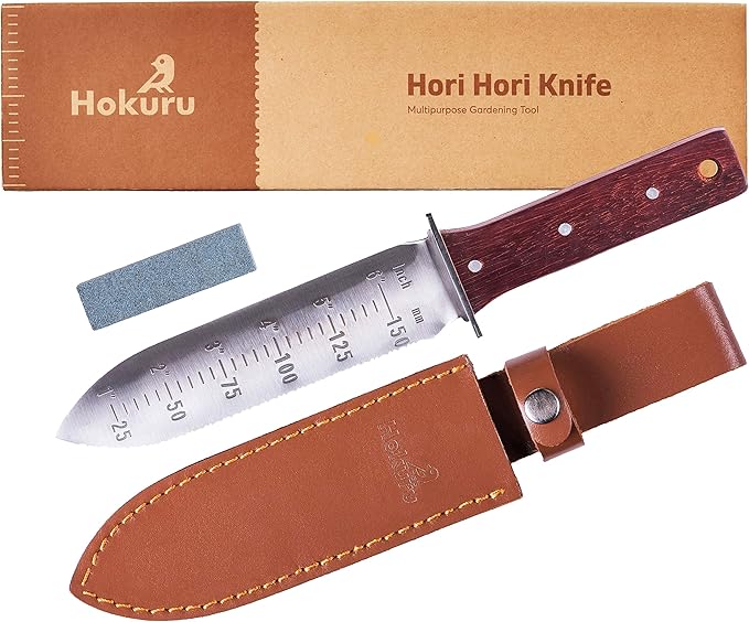 Hori Hori Knife - Landscaping, Digging, Weeding, Cutting, Planting Gardening Tool With Leather Sheath, Stainless Steel Blade and Sharpening Stone-VerdiqueGarden