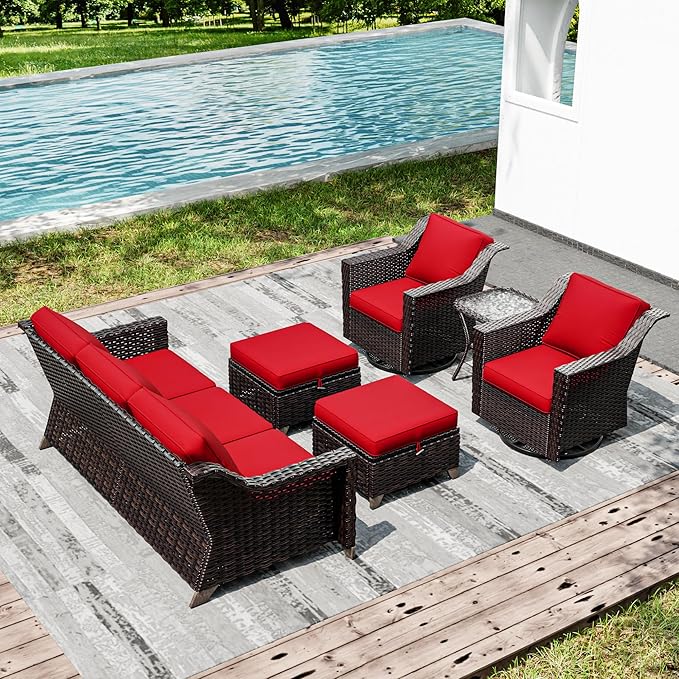 Joyside Wicker Patio Furniture Sets, 6 Pieces Upgraded Large Size Outdoor Furniture with Swivel Rocking Patio Chairs, Outdoor Ottoman, 3-Seat Sofa and Side Table, Thick Cushions, Wide Armrest-VerdiqueGarden