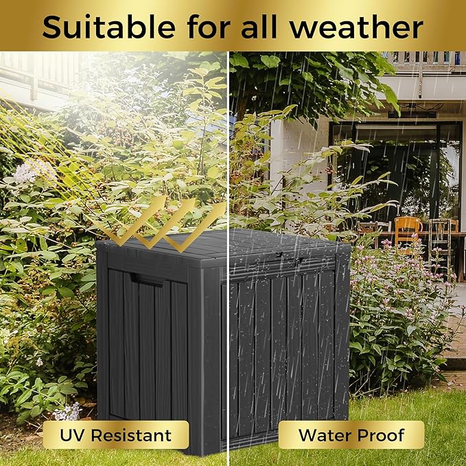 35 Gallon Lockable Resin Deck Box, Waterproof & UV-Resistant Outdoor Storage Box for Outdoor Cushion Storage, Garden Tools & Pool Accessories Storage, Black-VerdiqueGarden