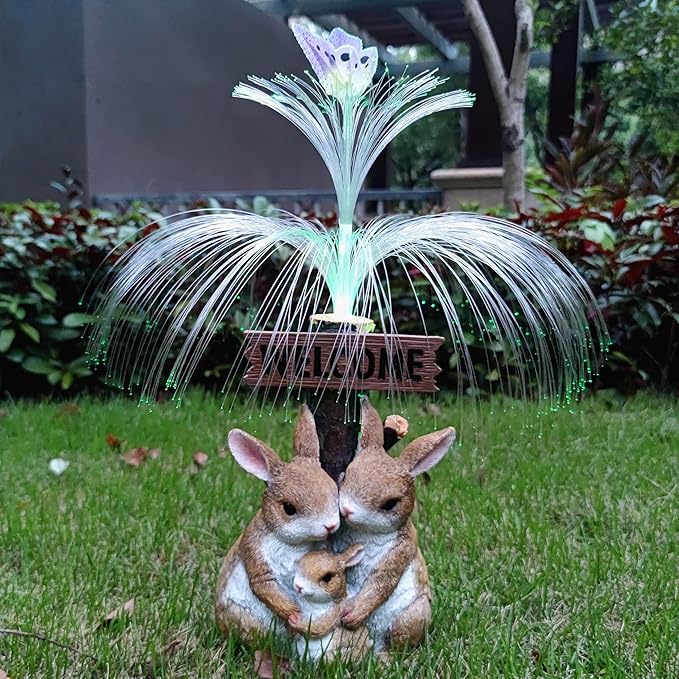 Solar Rabbit Garden Statues,Resin Rabbit Family Figurine with Welcome Card and 7-Color Changing Optical Fiber with Solar Lights, Lawn Decor Outdoor Statue for Patio,Balcony,Yard,Lawn-VerdiqueGarden