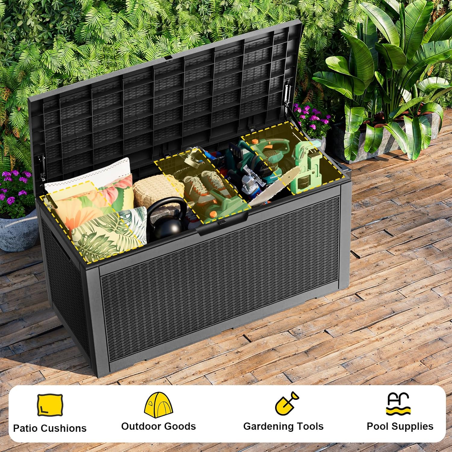 100 Gallon Outdoor Storage Box Waterproof, UV Resistant Resin Deck Box with Hydraulic Rod, Reinforced Stability for Patio, Garden, Rattan Black-VerdiqueGarden