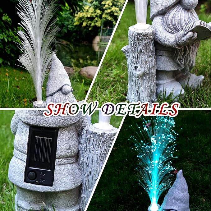 Gnomes Statue Solar Garden Decor,Resin Gnome Statues and Colour Changing Optical Fiber Solar Lights,Outdoor Decoration for Balcony, Garden, Patio, Yard, Lawn, Gifts for Mom Grandma-VerdiqueGarden