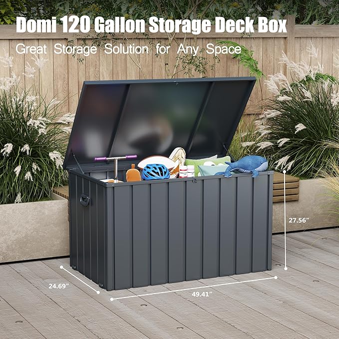 Domi Outdoor Storage Deck Box 120 Gallon, Outdoor Deck Box with Waterproof Storage Bag for Outside Cushions, Garden Tools and Pools Equipment, Gray-VerdiqueGarden