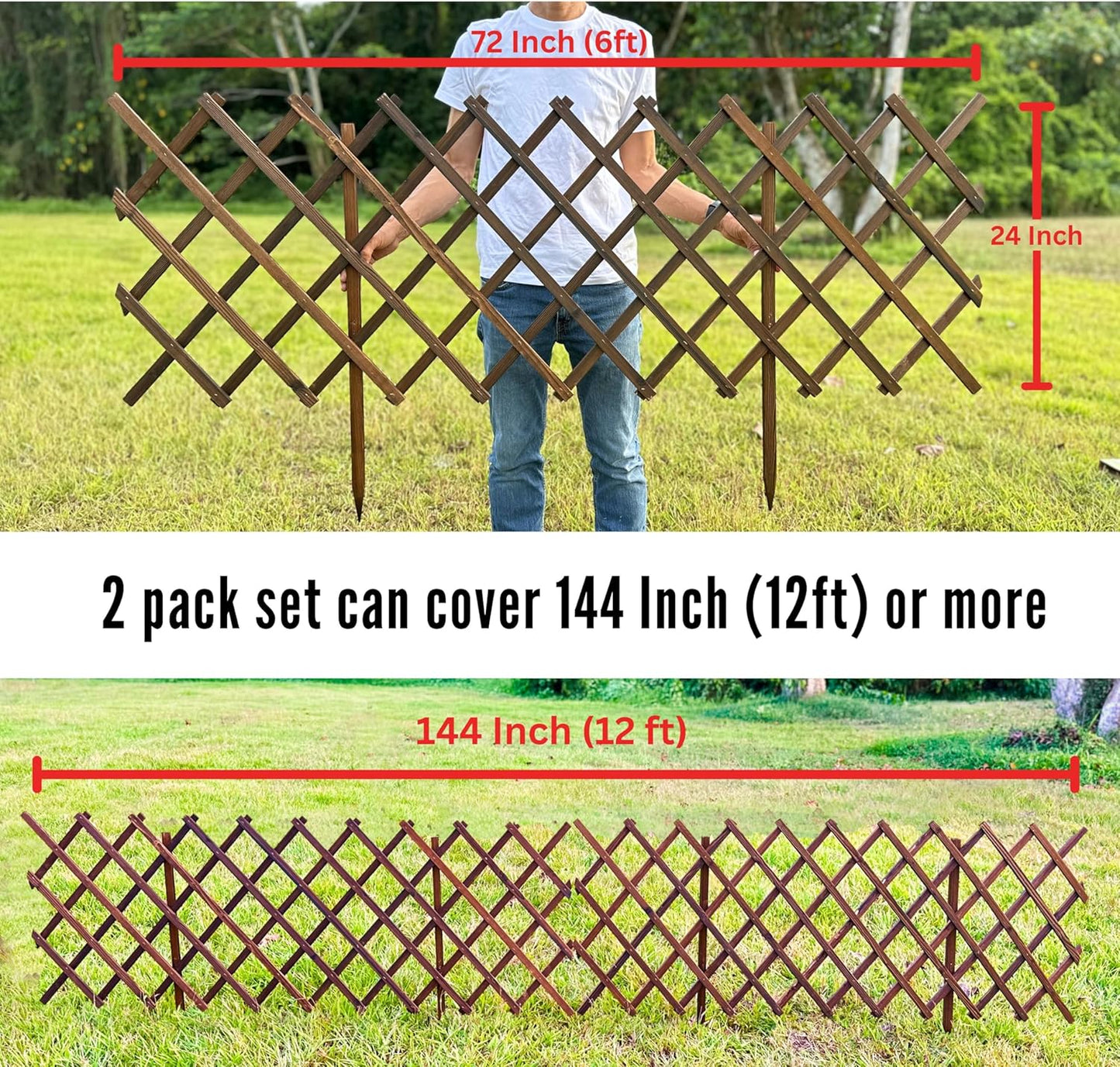 ShopLaLa Garden Fence - 2 Pack, Total 12ft (L) Wooden Lattice Flower Edging for Yard Lawn Landscape Patio Outdoor Decor, Expandable Plant Trellis Decorative Fences and Gates, Animal Barrier for Dogs-VerdiqueGarden