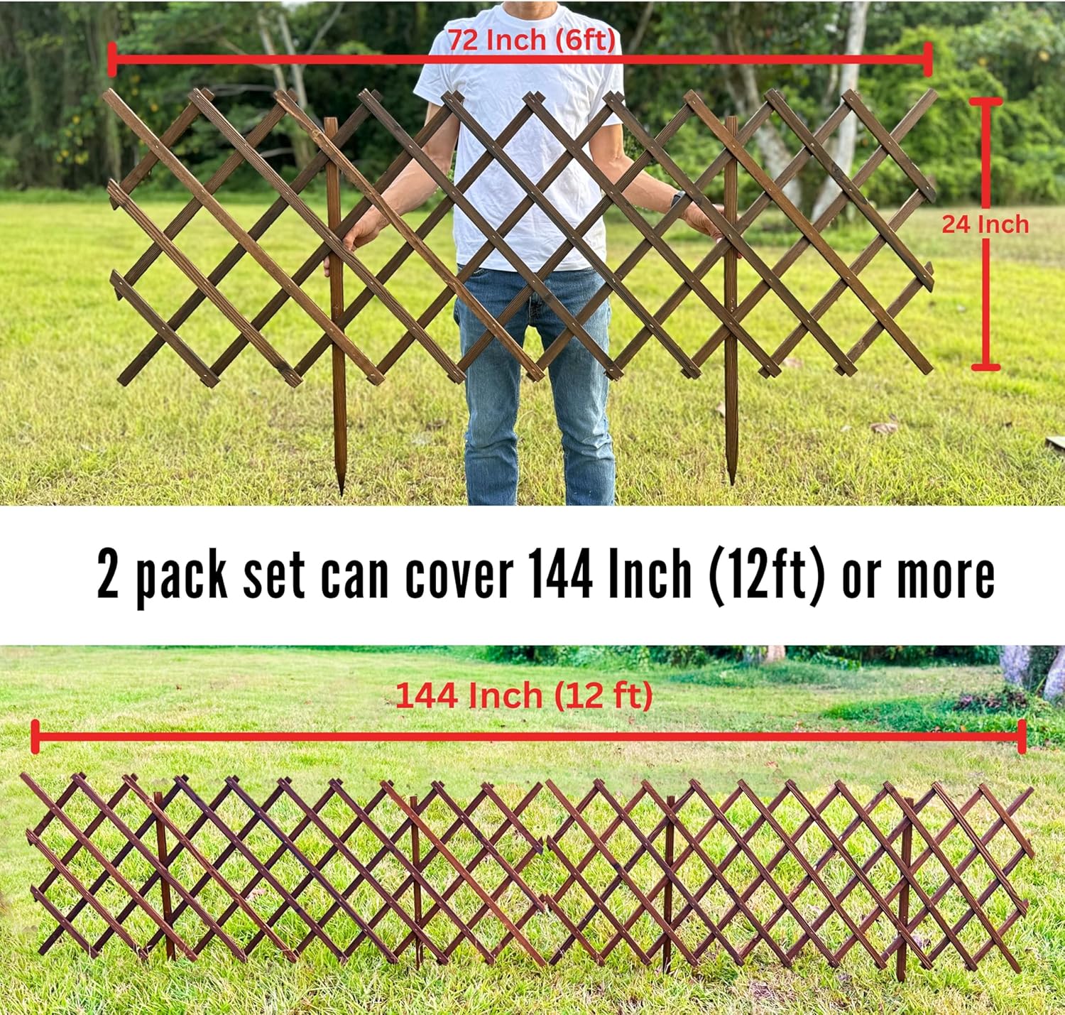 ShopLaLa Garden Fence - 2 Pack, Total 12ft (L) Wooden Lattice Flower Edging for Yard Lawn Landscape Patio Outdoor Decor, Expandable Plant Trellis Decorative Fences and Gates, Animal Barrier for Dogs-VerdiqueGarden