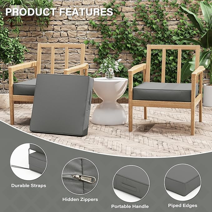 Patio Chair Cushions 22 X 22 X 4 Inch Waterproof Outdoor Seat Cushions for Patio Furniture, Outdoor Sofa Couch Pads with Ties & Handle, Set of 2, Light Grey-VerdiqueGarden