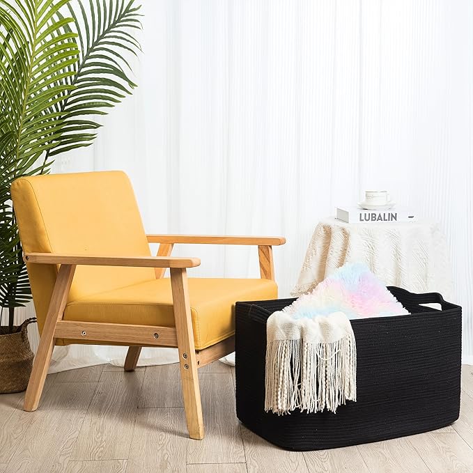 MINTWOOD Design 22in Extra Large Blanket Basket Holder Living Room, Rectangle Rope Woven Storage Basket with Handles for Laundry, Pool Towels, and Shoes, Dog Toy Organizer Bin Box, Full Black-VerdiqueGarden