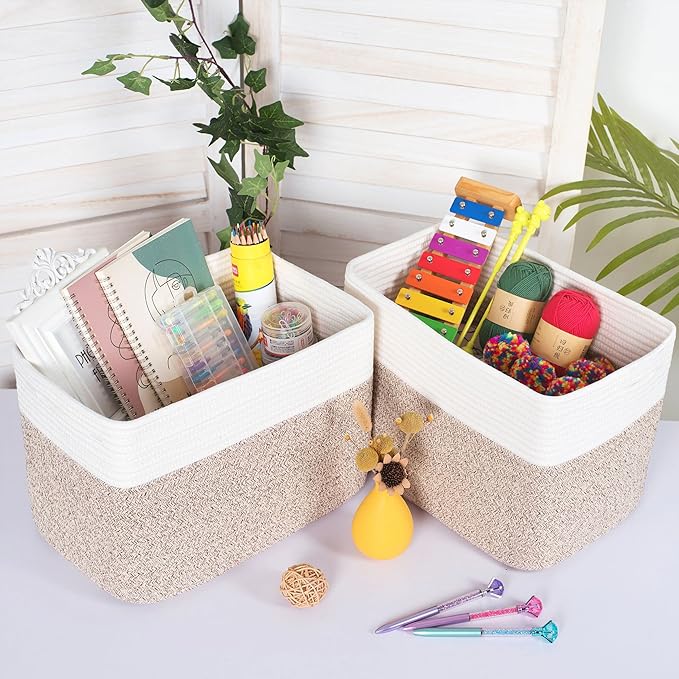MINTWOOD Design Storage Basket for Shelves, Decorative Baskets for Organizing, Book Basket, Storage Cube Bin Box, Woven Closet Organizer, Pantry Closet and Shoe Basket, Light Brown-VerdiqueGarden