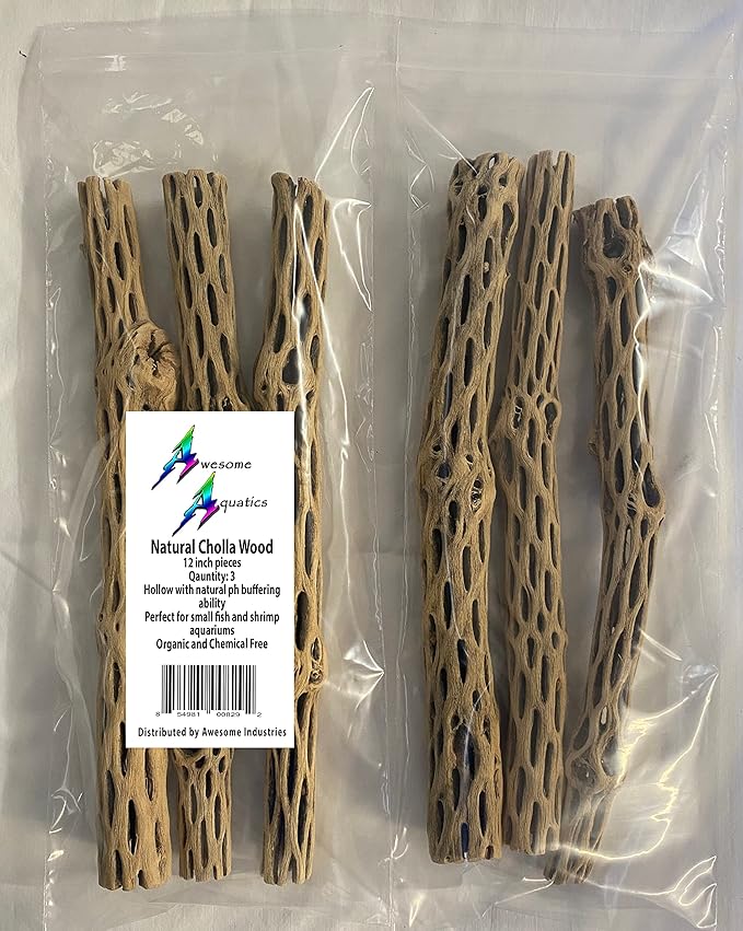 Awesome Aquatic Natural Cholla/Choya Wood 3 Pieces 12” for Shrimp Habitat and Food Treat Hermit Crabs Plecos Aquarium Decoration Lowers pH Hideouts and Chew Toys Reptiles Thorn Free Dried Organic