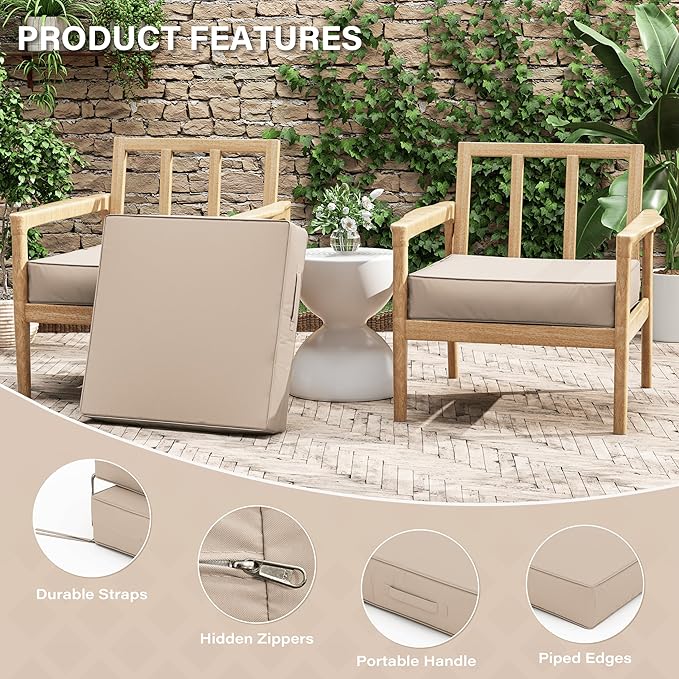 Patio Chair Cushions 24 X 24 X 5 Inch Waterproof Outdoor Seat Cushions for Patio Furniture, Outdoor Sofa Couch Pads with Ties & Handle, Set of 2, Sand-VerdiqueGarden