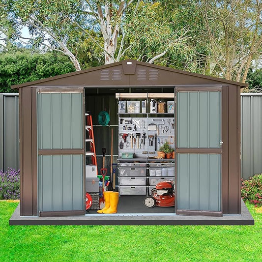 Domi Outdoor 10' x 8' Storage Shed, Metal Steel Utility Tool Shed Storage House with Double Lockable Doors & Air Vents for Backyard Patio Garden Lawn Brown-VerdiqueGarden