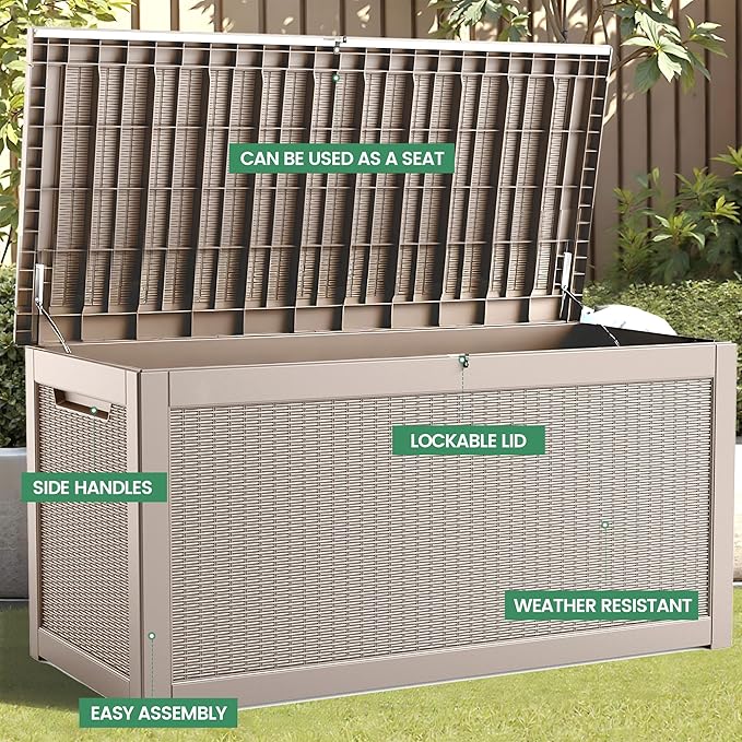 260 Gallon Storage Box, Waterproof Resin Deck Box with Steel Support & Hydraulic Rod, Lockable Storage Bench for Indoor & Outdoor Use, Storage Bin for Patio Cushions, Garden Tools, Grey-VerdiqueGarden