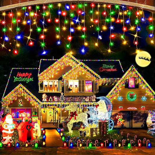 Hezbjiti Christmas Lights Decorations Outdoor, 800 LED 65.6 FT 8 Modes 150 Drops Fairy String Curtain Lights for Christmas Decor Eaves Window Party Yard Garden Indoor (Multicolor)-VerdiqueGarden