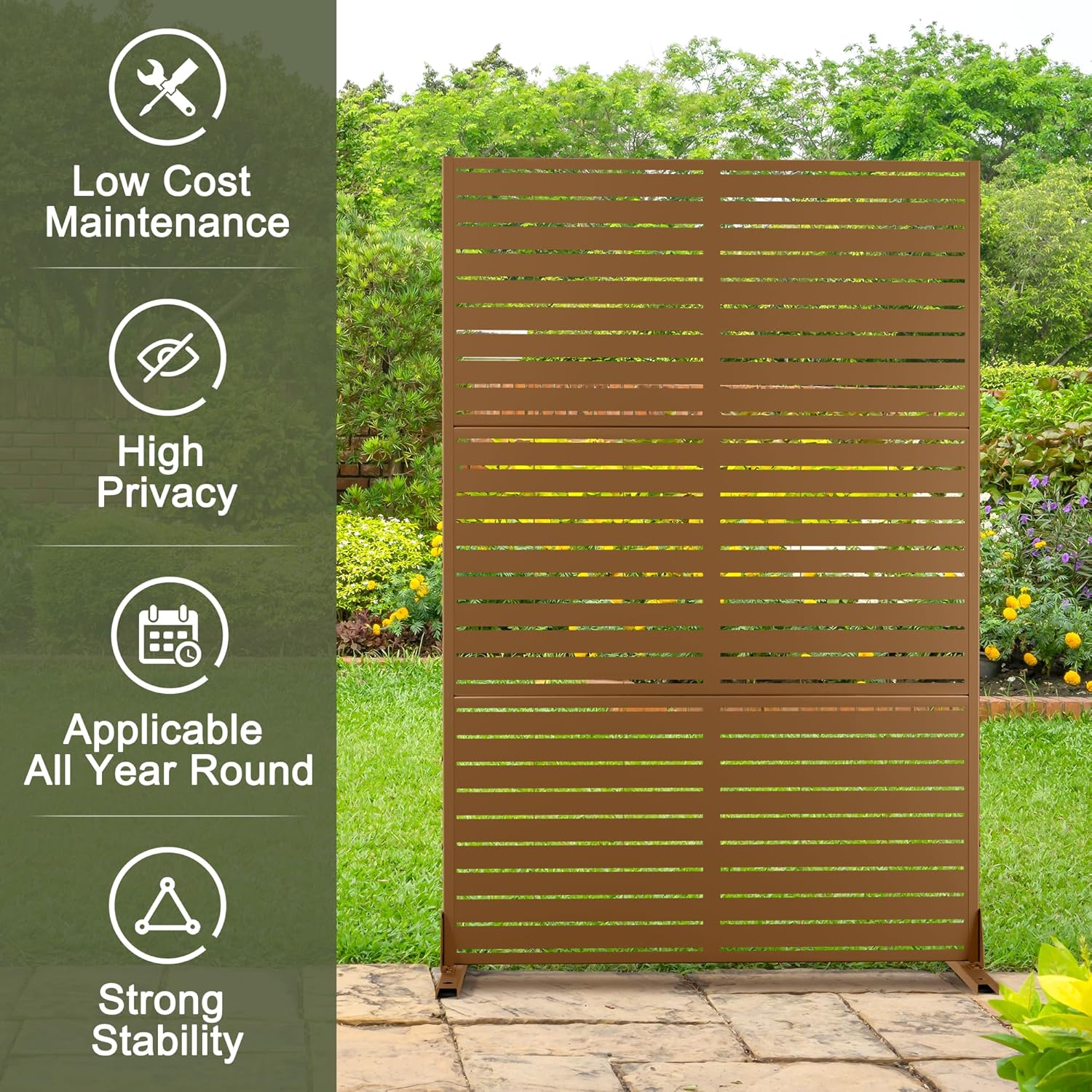Metal Privacy Screen Outdoor 72" H×47" W, Freestanding Decorative Privacy Screen for Balcony Yard&Garden,Privacy Fence-Brown&Louvered-VerdiqueGarden