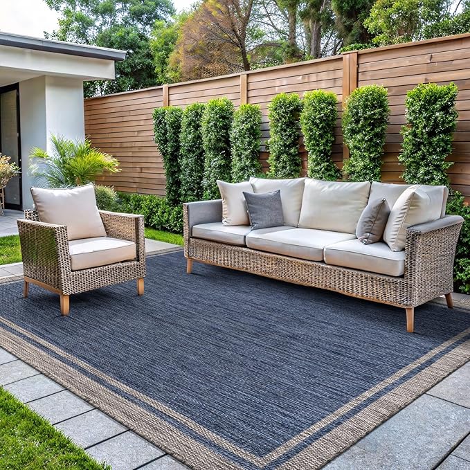 CAMILSON Outdoor Rug, 5x7 Bordered Navy Blue Gray Modern Area Rugs for Indoor and Outdoor Patios, Porches Waterproof Washable Porch Deck Outside Carpet (Bordered Navy, 5 x 7)-VerdiqueGarden