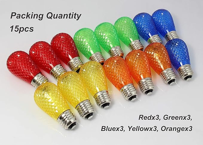 BRIMAX S14 LED Colored Light Bulbs with Faceted Surface,Outdoor Indoor String Light Replacement Bulbs,Plastic,Shatterproof, E26 Base, for Christmas Halloween Party and Holiday Decor,15 Pack-VerdiqueGarden