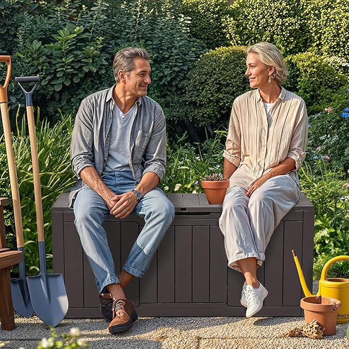 YITAHOME 80 Gallon Outdoor Storage Box, Large Water Resistant Resin Deck Box, Indoor Outdoor Lockable Storage Container for Patio, Garden, Cushions, Tools, Equipment (Dark Brown)-VerdiqueGarden