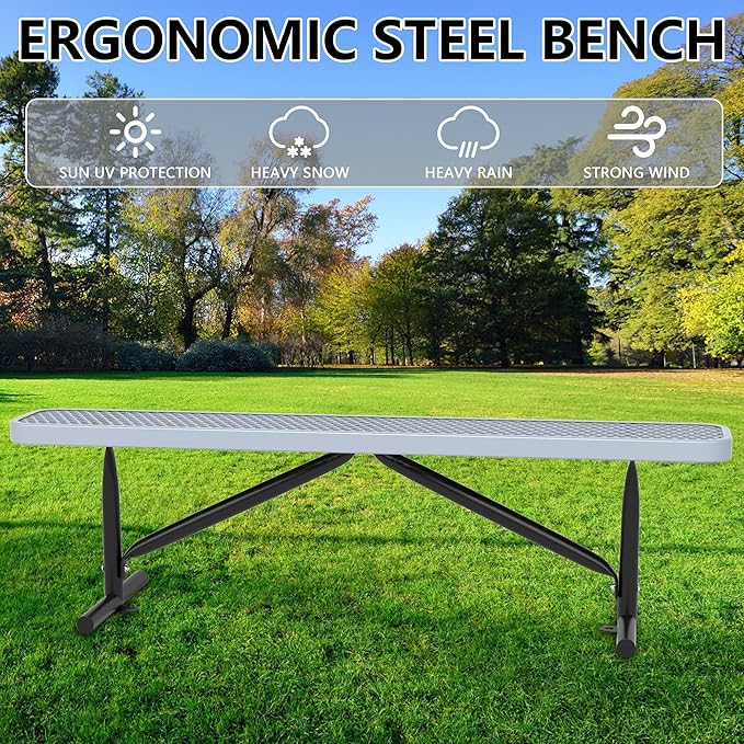 48" L Outdoor Steel Flat Bench, Heavy Duty Metal Park Bench for Outside, Expanded Metal, Commercial Benches Mesh Bench for Shopping Mall, Store, Lawn, Park, Patio, Deck, Garden (Grey, 6FT)-VerdiqueGarden