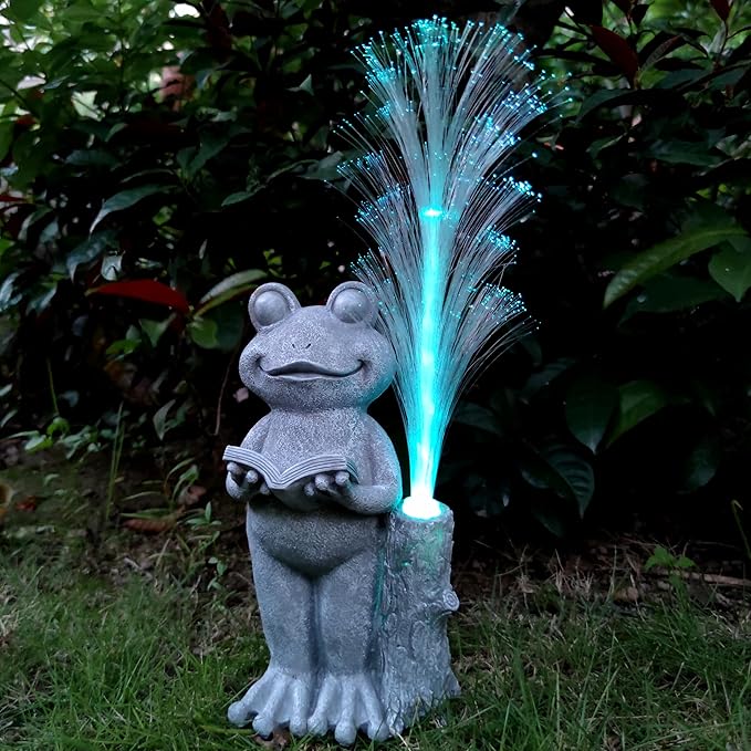 Frog Statue Solar Garden Decor,Resin Frog Statues and Colour Changing Optical Fiber Solar Lights,Outdoor Decoration for Balcony, Garden, Patio, Yard, Lawn,Gifts for Mom Grandma-VerdiqueGarden