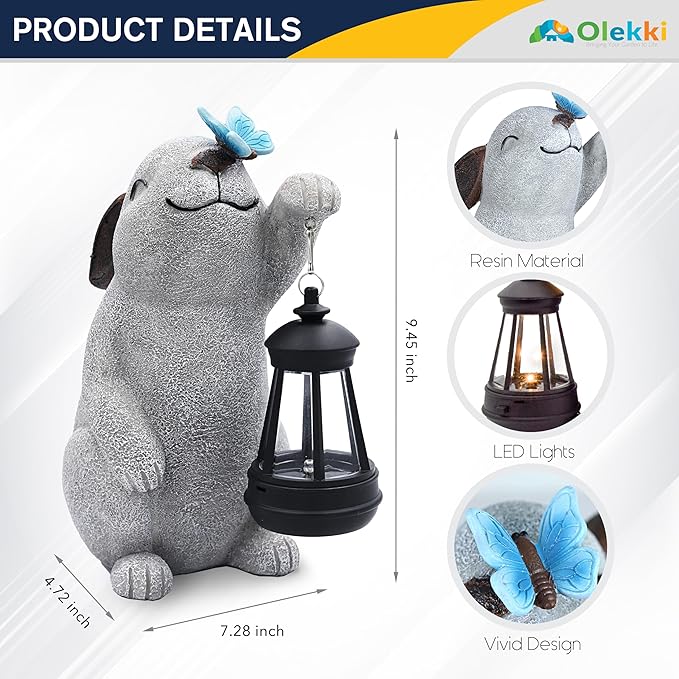 Solar Rabbit Statues for Garden Decor - Outdoor Bunny Figurine with Solar Lantern for Yard Patio Lawn Balcony Ornaments - Garden Gifts for Mothers Day, Grandma, Easter-VerdiqueGarden