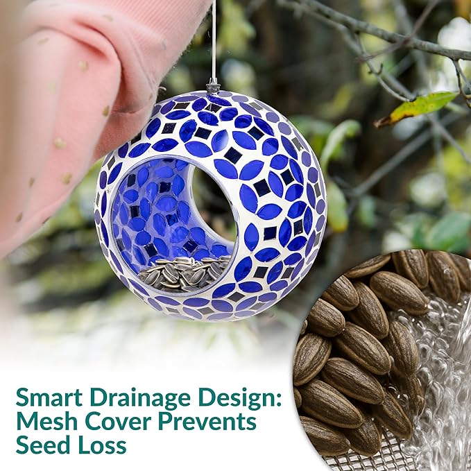 Sunnydaze 6-Inch Glass Mosaic Hanging Bird Feeder for Outdoors - Fly-Through Wild Bird Feeder - Lavender Mosaic-VerdiqueGarden