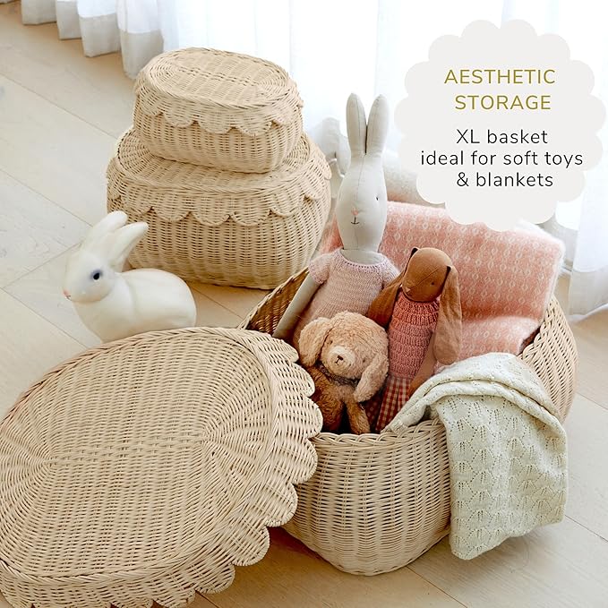 BEBE BASK Large Scalloped Basket Set Of 3 - Hand-Woven & Award-Winning Scallop Basket - XL - Extra Large for Blankets 22 x 16 x 10 In - Elegant Wicker With Scalloped Edge Lid (Natural)-VerdiqueGarden