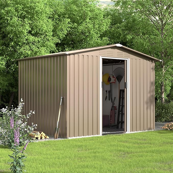 8FT x 6FT Metal Outdoor Storage Shed,Utility and Tool Shed Storage House w/Lockable Sliding Doors & Air Vent,Garden Shed for Backyard,Garden,Patio,Lawn-VerdiqueGarden