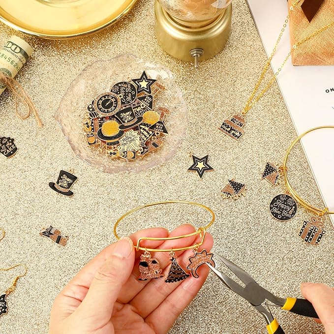 MARFOREVER 40Pcs/20 Pairs New Year Charms for Jewelry Making, New Year’s Eve Clock Hat Star Champagne Flute Glittery Enamel Pendants for Bracelet Necklace Earrings Making Accessories